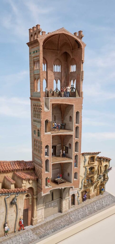 Corte transversal y estructura interior de la Torre Mudéjar de El Salvador en Teruel con sus distintas plantas